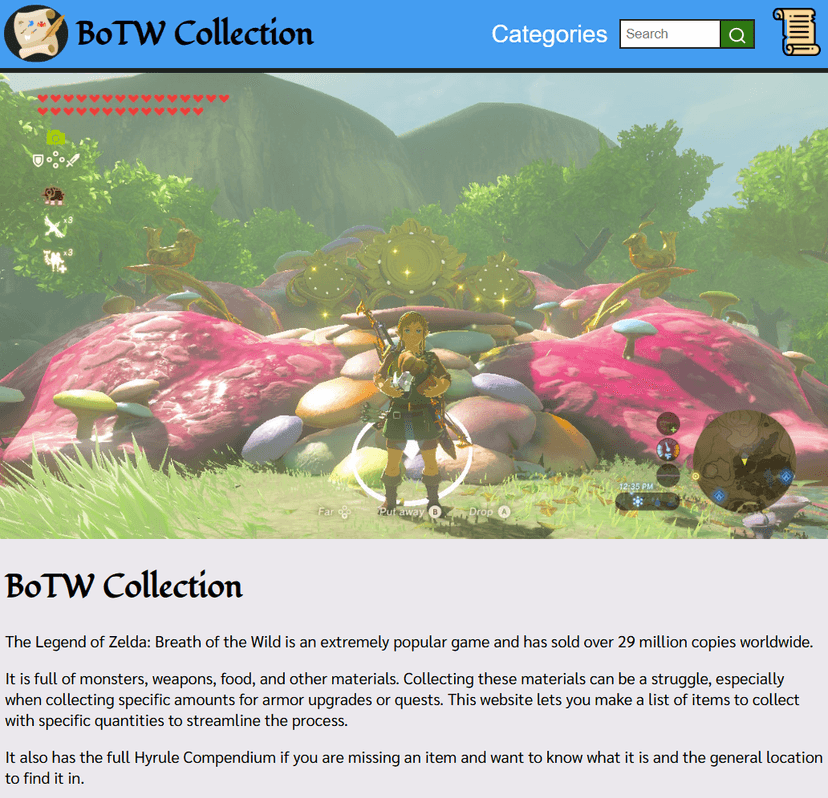 A screenshot of the BOTW Collection website